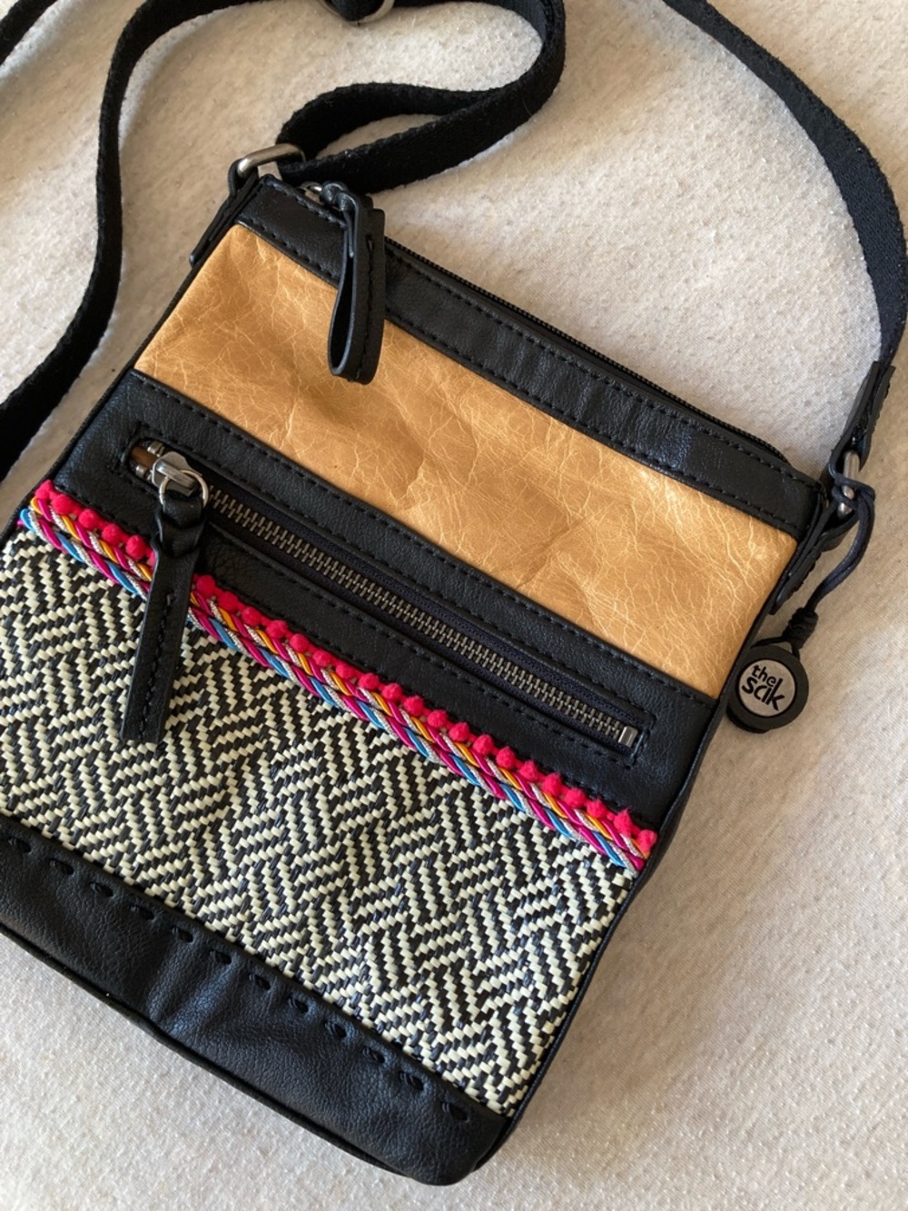 The Sak Black & Tan Leather Woven Crossbody Bag Purse